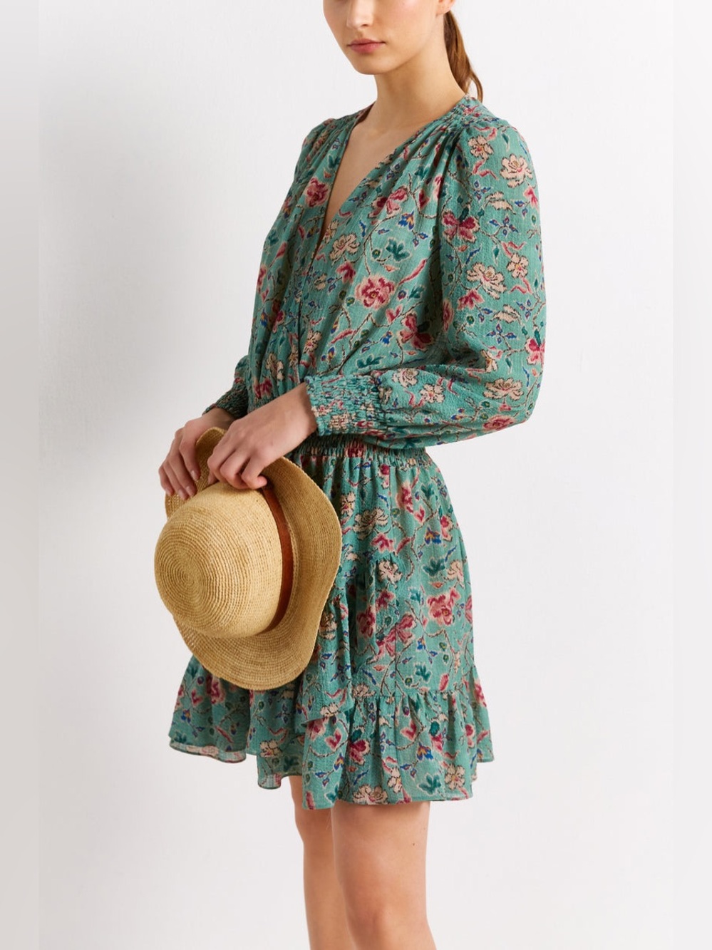 GERARD DAREL $395 • 18” PTP • Paris Green Floral Dress with Smocking Sz M